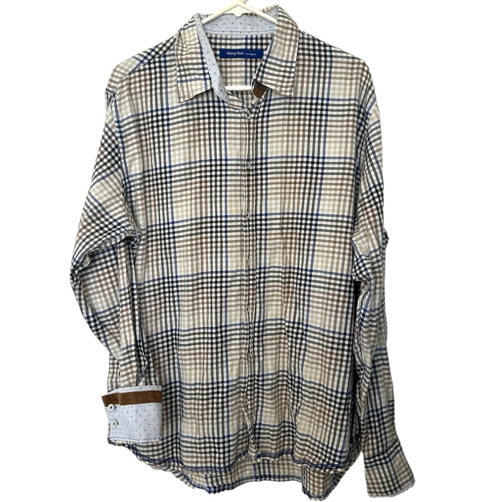 George Roth Men’s Long Sleeve Button Front Shirt Size Large Plaid Flip Cuffs EUC